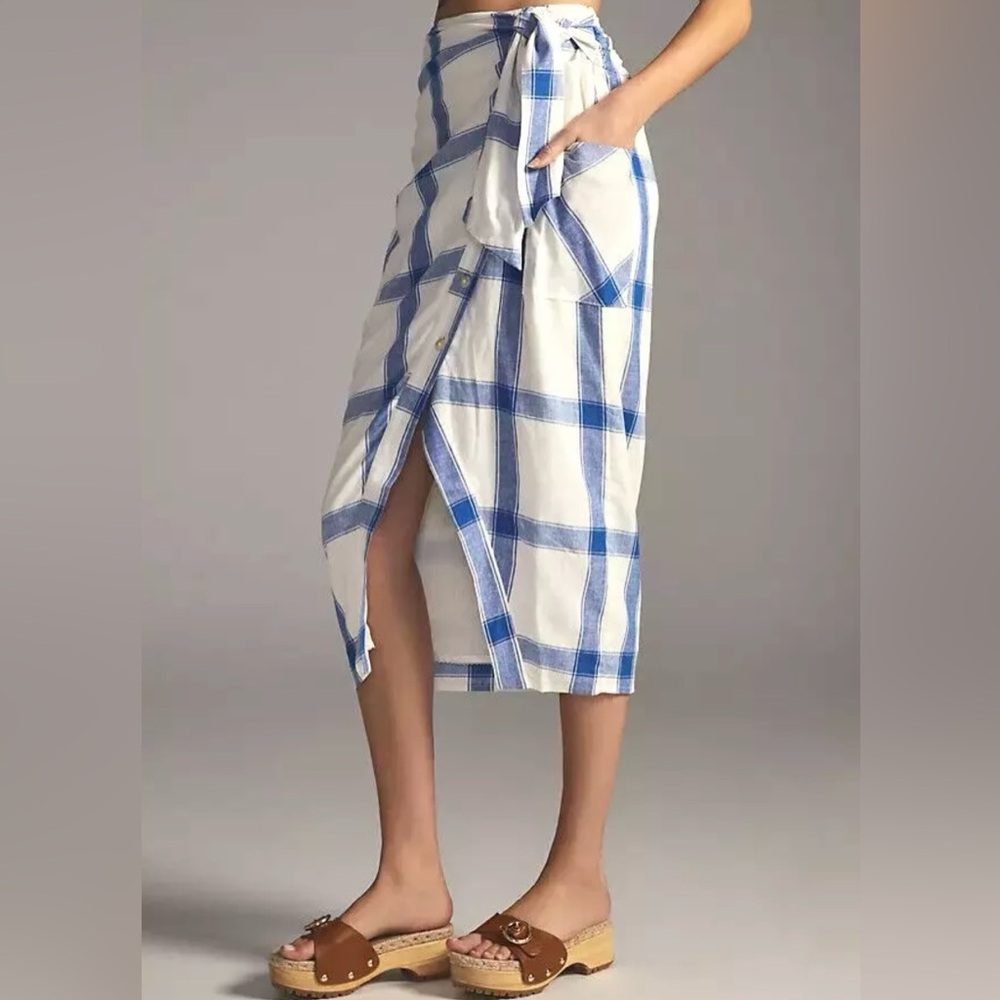 Maeve plaid wrap linen skirt Anthropologie asymmetric button, pockets 12 - Picture 2 of 5